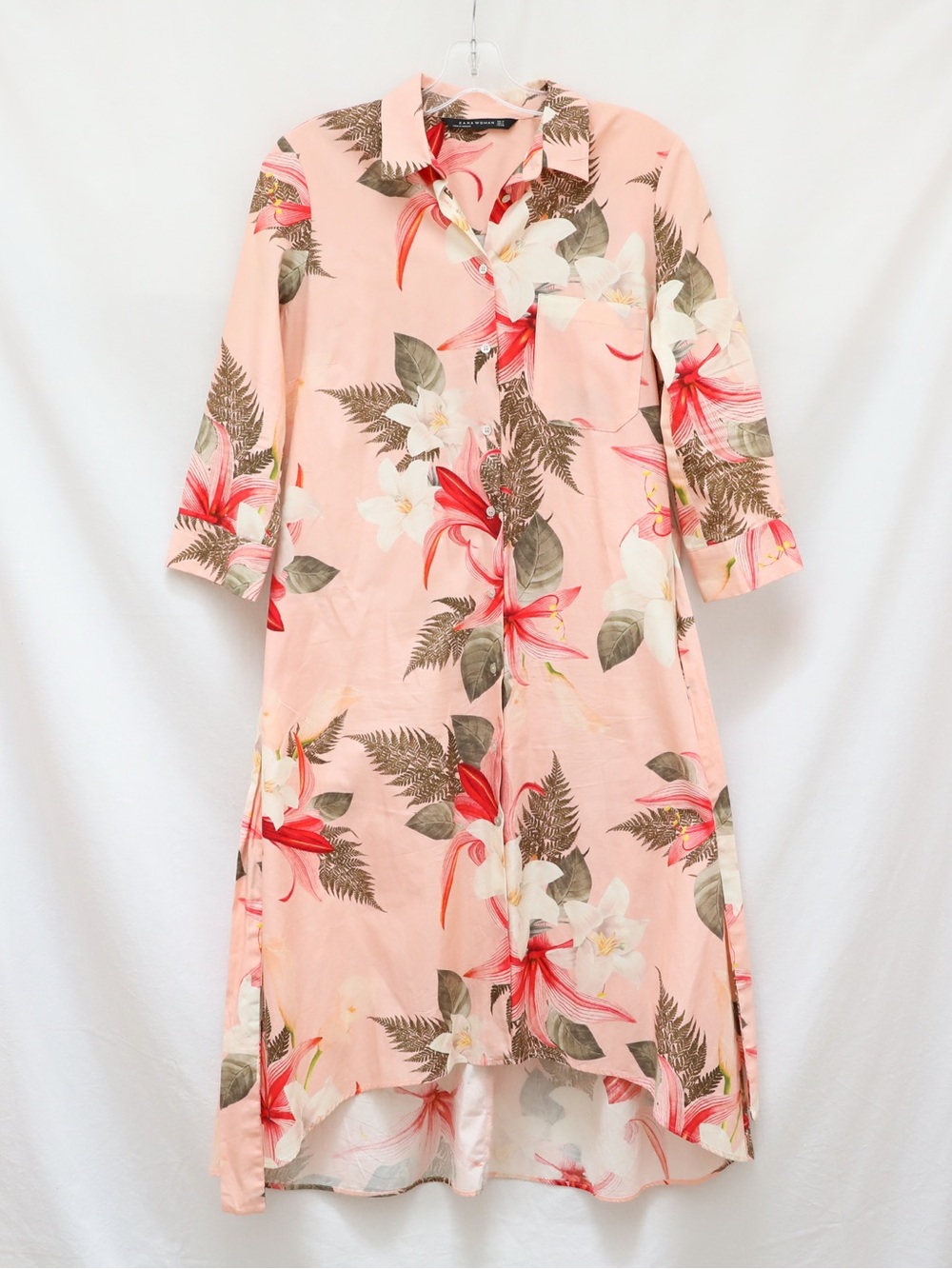 Zara Pink Tropical Floral Print Shirt dress Midi length M Medium Resortwear belt - Picture 6 of 9